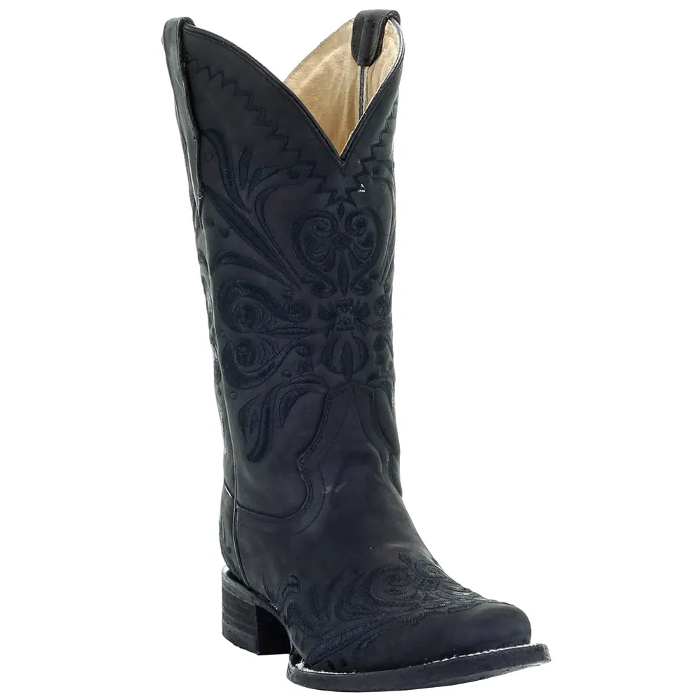 All Black Tooled-Inlay Square Toe Cowboy Boots
