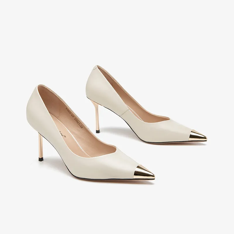 BeauToday Women Cowhide Leather Stiletto Heels with Gold Metal Pointed Toe