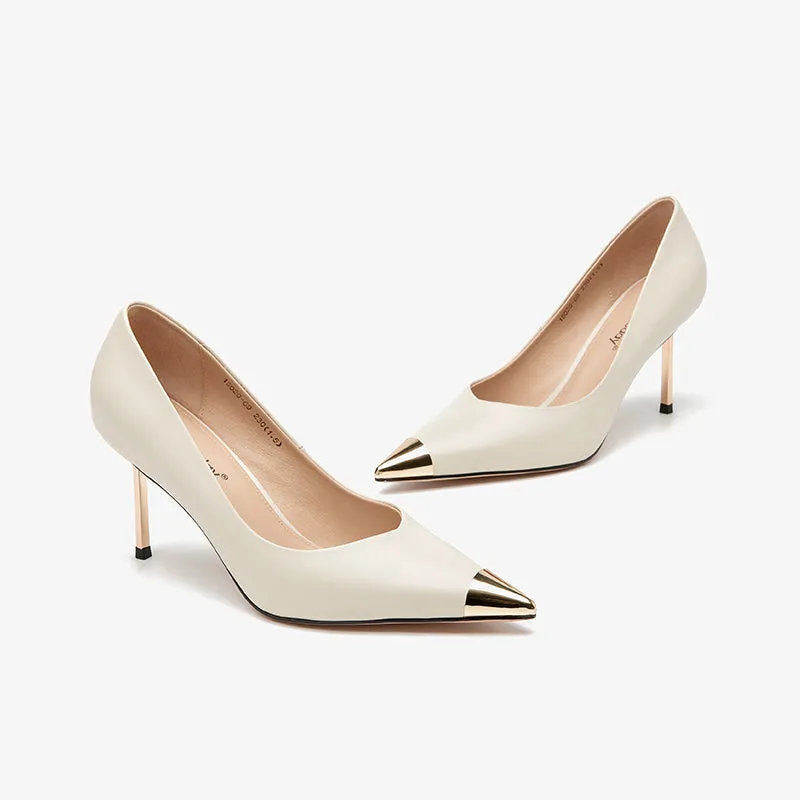BeauToday Women Cowhide Leather Stiletto Heels with Gold Metal Pointed Toe