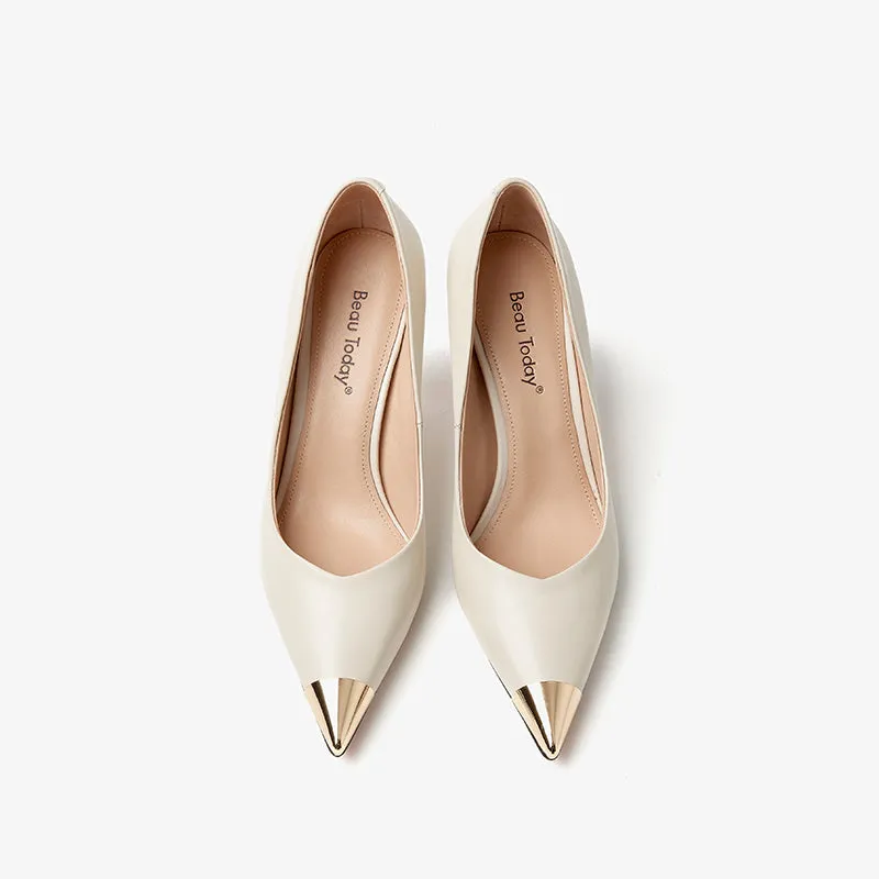 BeauToday Women Cowhide Leather Stiletto Heels with Gold Metal Pointed Toe