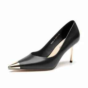 BeauToday Women Cowhide Leather Stiletto Heels with Gold Metal Pointed Toe