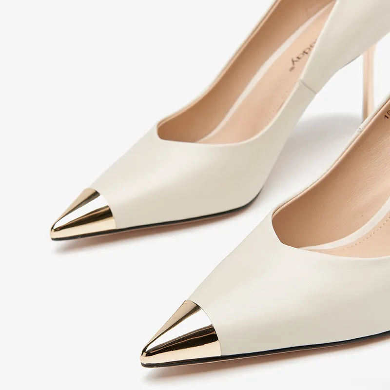 BeauToday Women Cowhide Leather Stiletto Heels with Gold Metal Pointed Toe