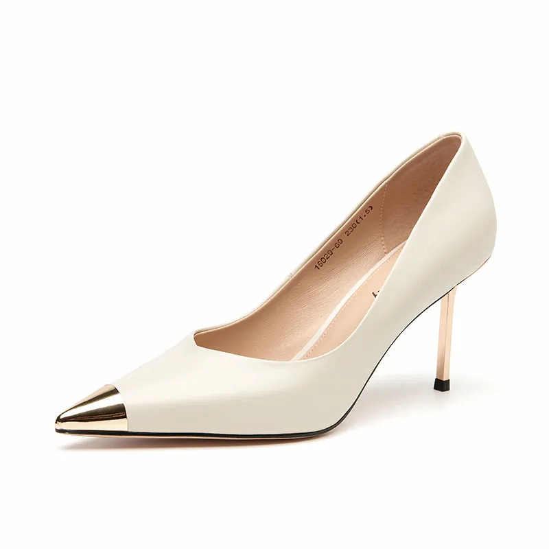 BeauToday Women Cowhide Leather Stiletto Heels with Gold Metal Pointed Toe