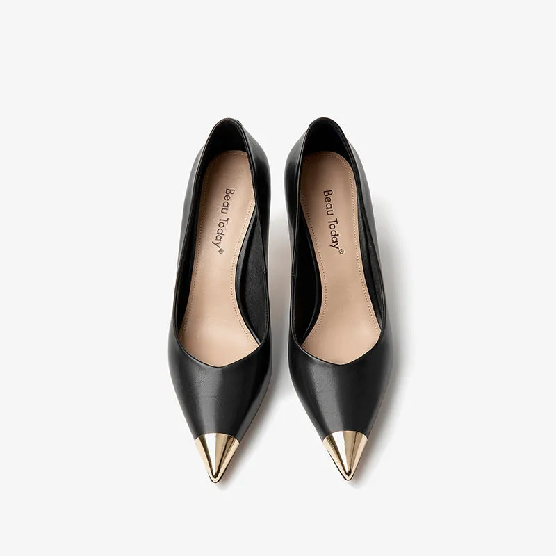 BeauToday Women Cowhide Leather Stiletto Heels with Gold Metal Pointed Toe