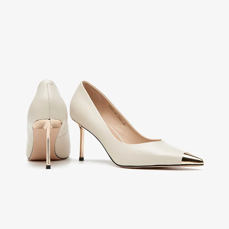 BeauToday Women Cowhide Leather Stiletto Heels with Gold Metal Pointed Toe
