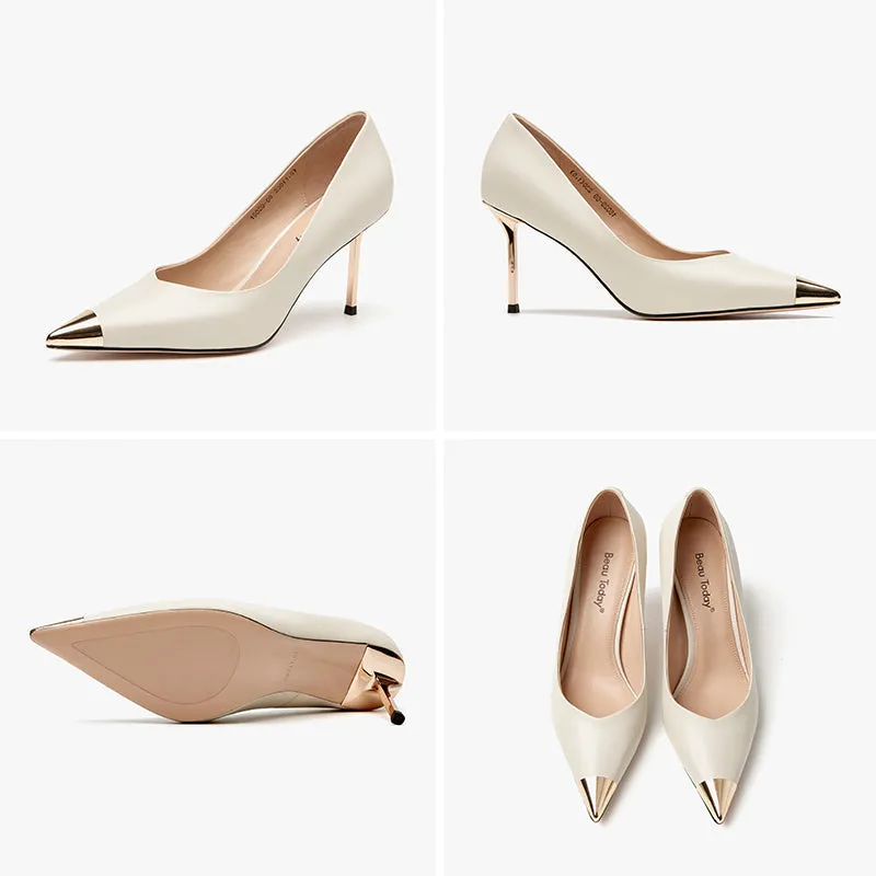 BeauToday Women Cowhide Leather Stiletto Heels with Gold Metal Pointed Toe