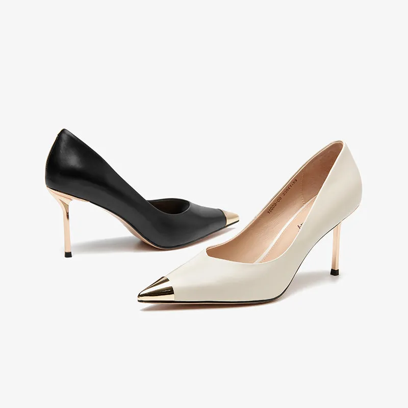 BeauToday Women Cowhide Leather Stiletto Heels with Gold Metal Pointed Toe