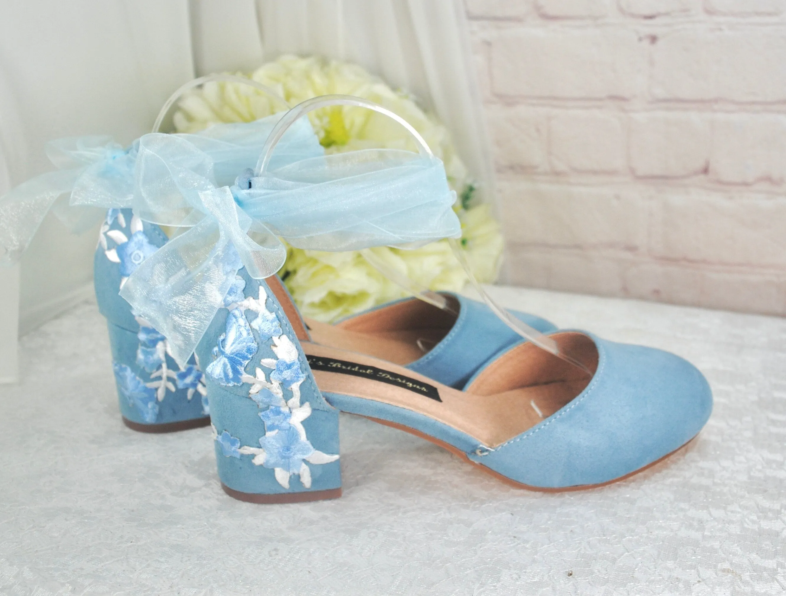 Blue Suede Low Heel Bridal Sandals with Floral & Butterfly Embroidery, UK6/US8.5