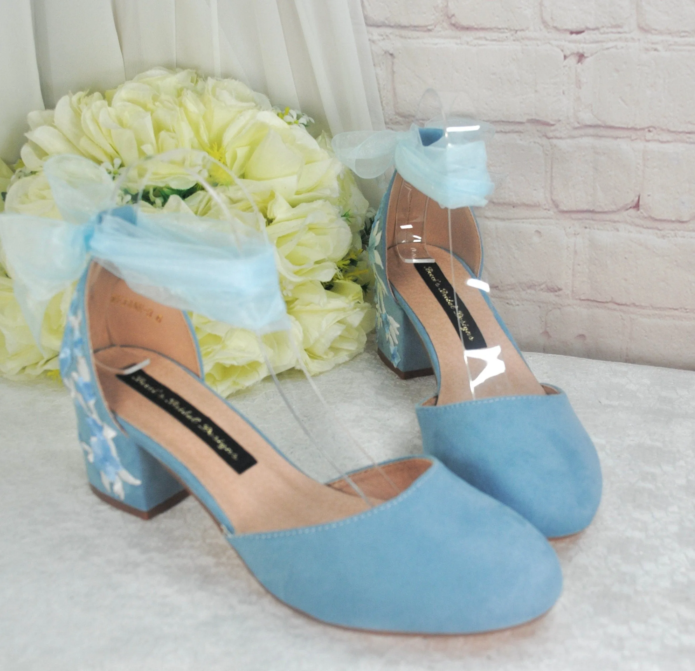 Blue Suede Low Heel Bridal Sandals with Floral & Butterfly Embroidery, UK6/US8.5