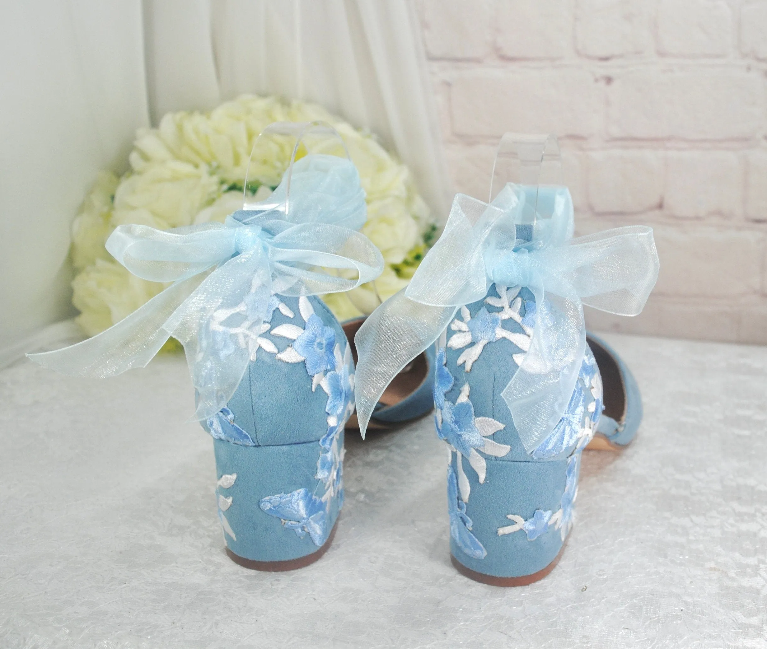 Blue Suede Low Heel Bridal Sandals with Floral & Butterfly Embroidery, UK6/US8.5