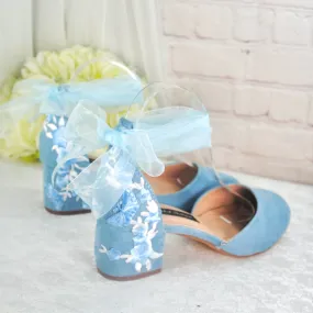 Blue Suede Low Heel Bridal Sandals with Floral & Butterfly Embroidery, UK6/US8.5