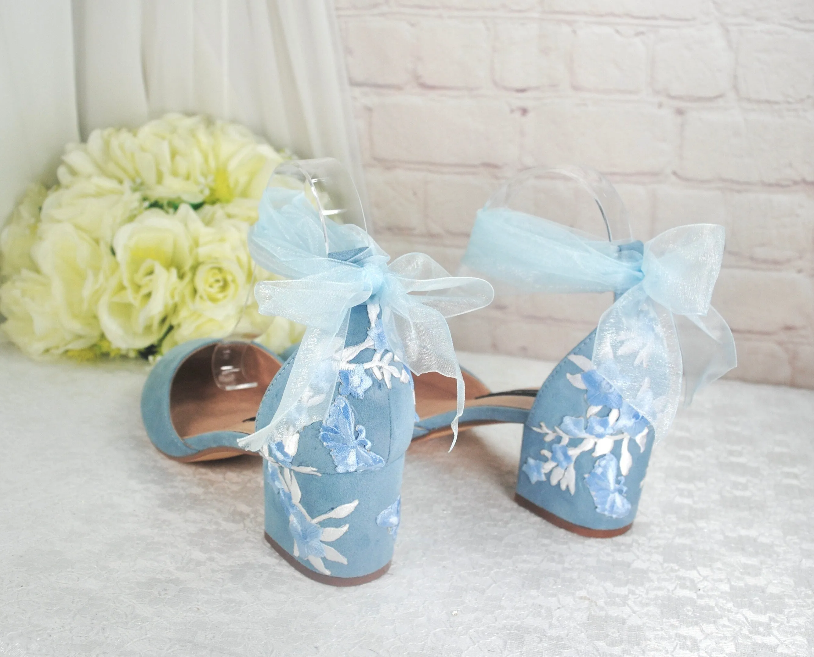 Blue Suede Low Heel Bridal Sandals with Floral & Butterfly Embroidery, UK6/US8.5