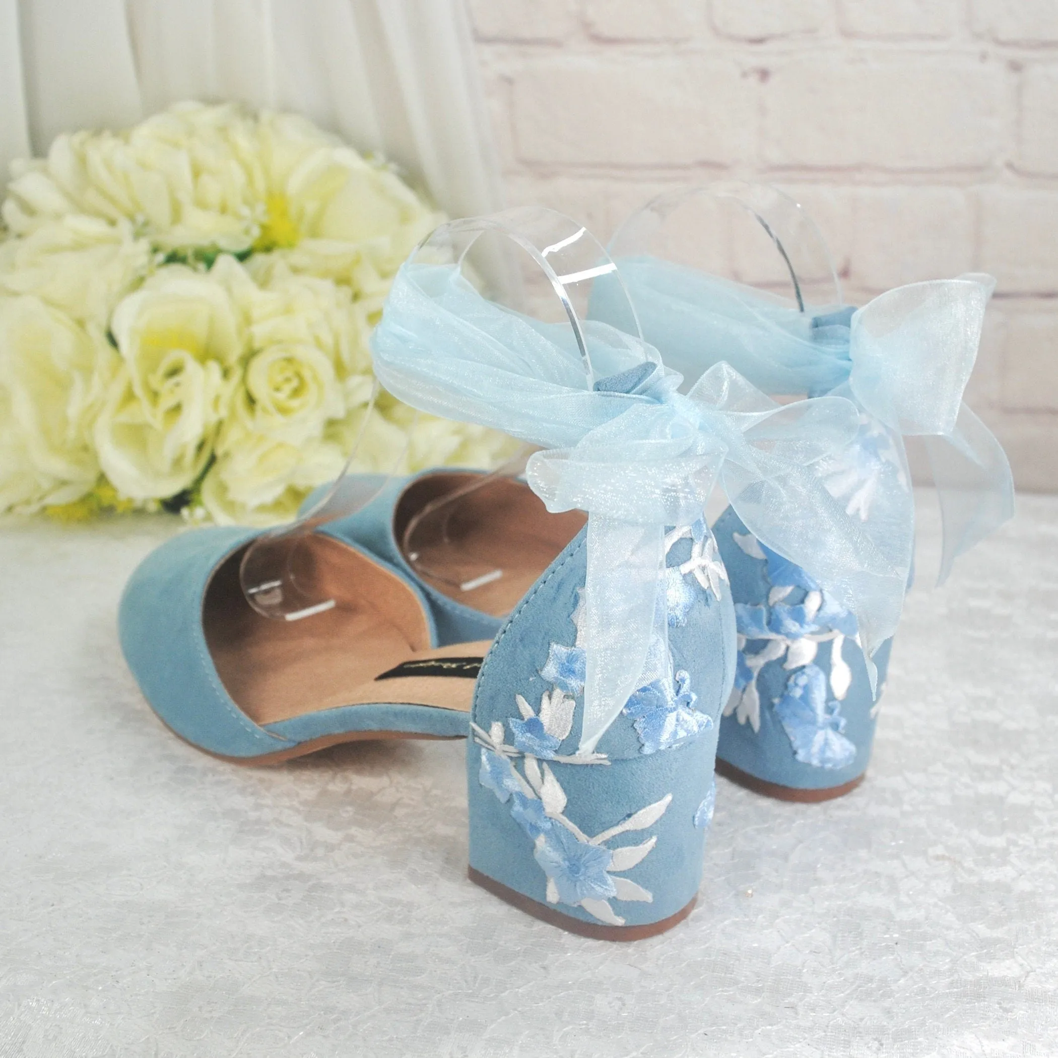 Blue Suede Low Heel Bridal Sandals with Floral & Butterfly Embroidery, UK6/US8.5