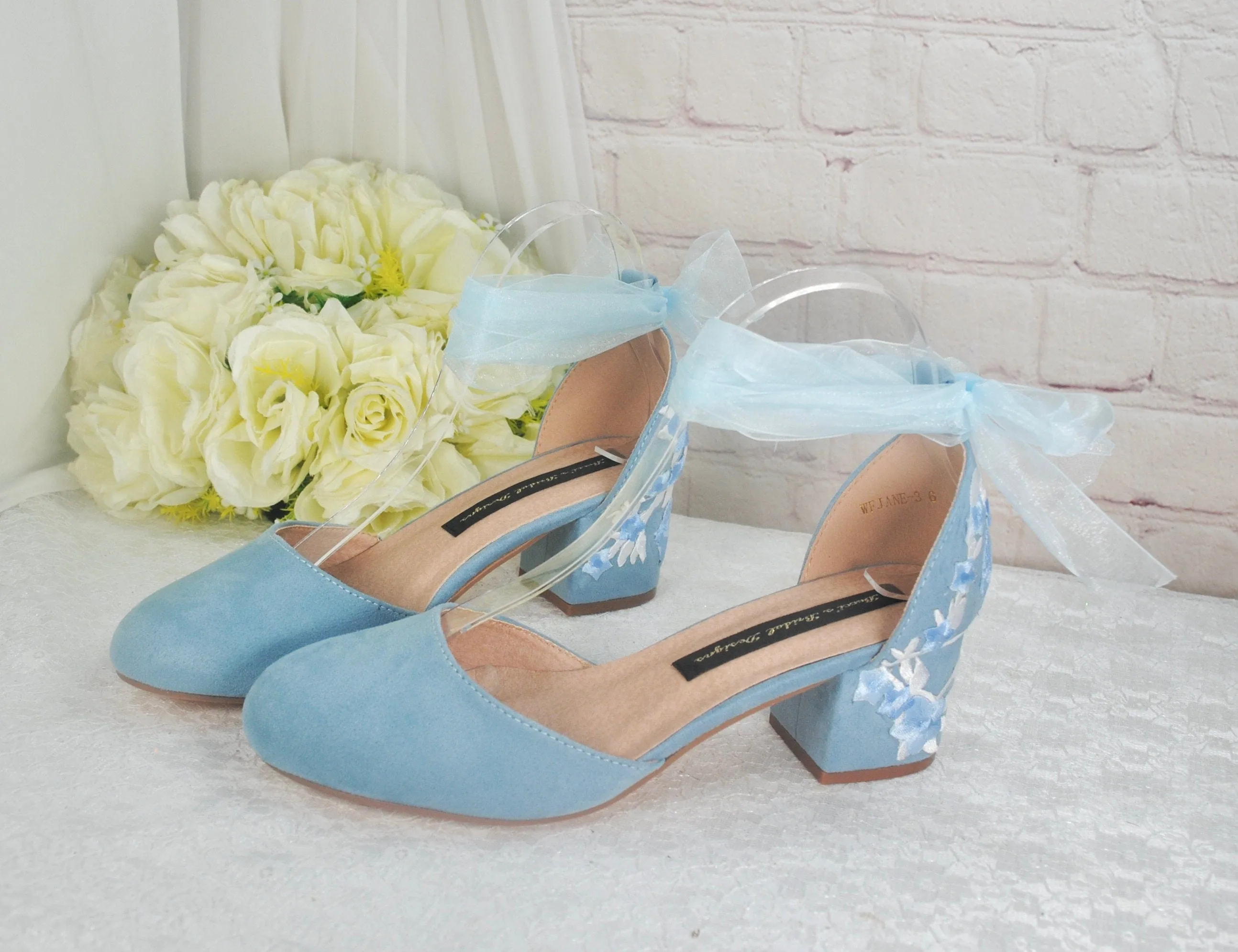 Blue Suede Low Heel Bridal Sandals with Floral & Butterfly Embroidery, UK6/US8.5