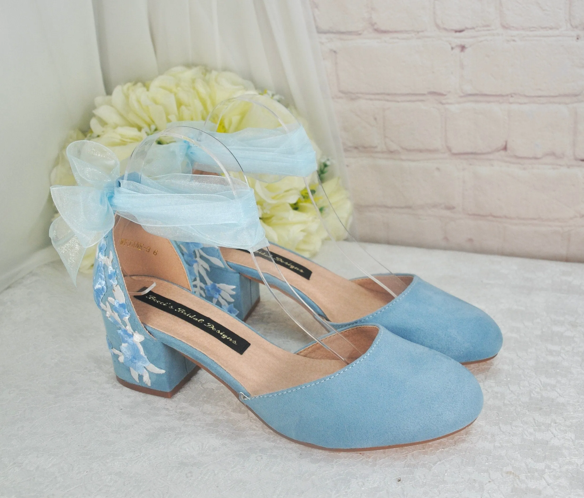 Blue Suede Low Heel Bridal Sandals with Floral & Butterfly Embroidery, UK6/US8.5