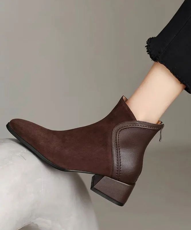 Brown Splicing Elegant Chunky Suede Boots ML1648
