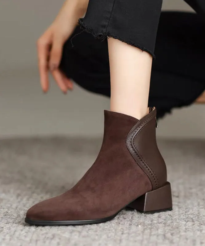 Brown Splicing Elegant Chunky Suede Boots ML1648