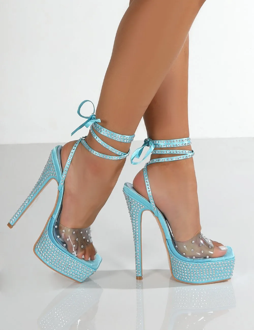 Celeste Blue Satin Square Toe Diamante Perspex Ankle Tie Heels