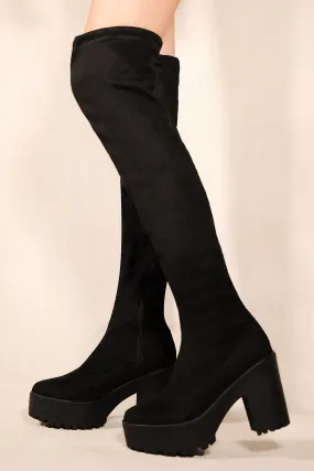 IRIS CHUNKY PLATFORM HEEL KNEE HIGH BOOTS IN BLACK FAUX SUEDE
