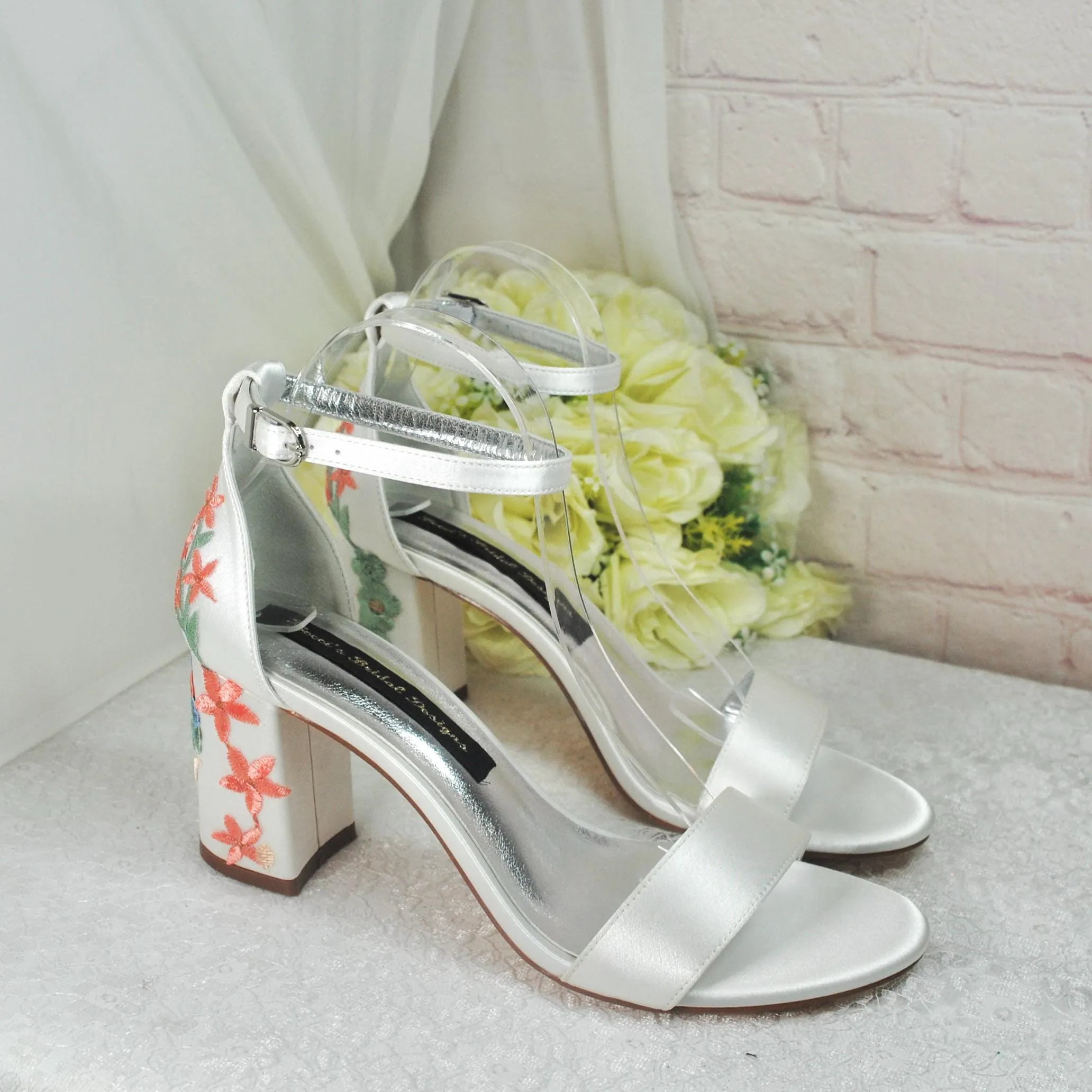 Ivory Satin Bridal Sandals with Floral Embroidery, Wedding Shoes with Ankle Strap, Bridal Shoes with Block Heel