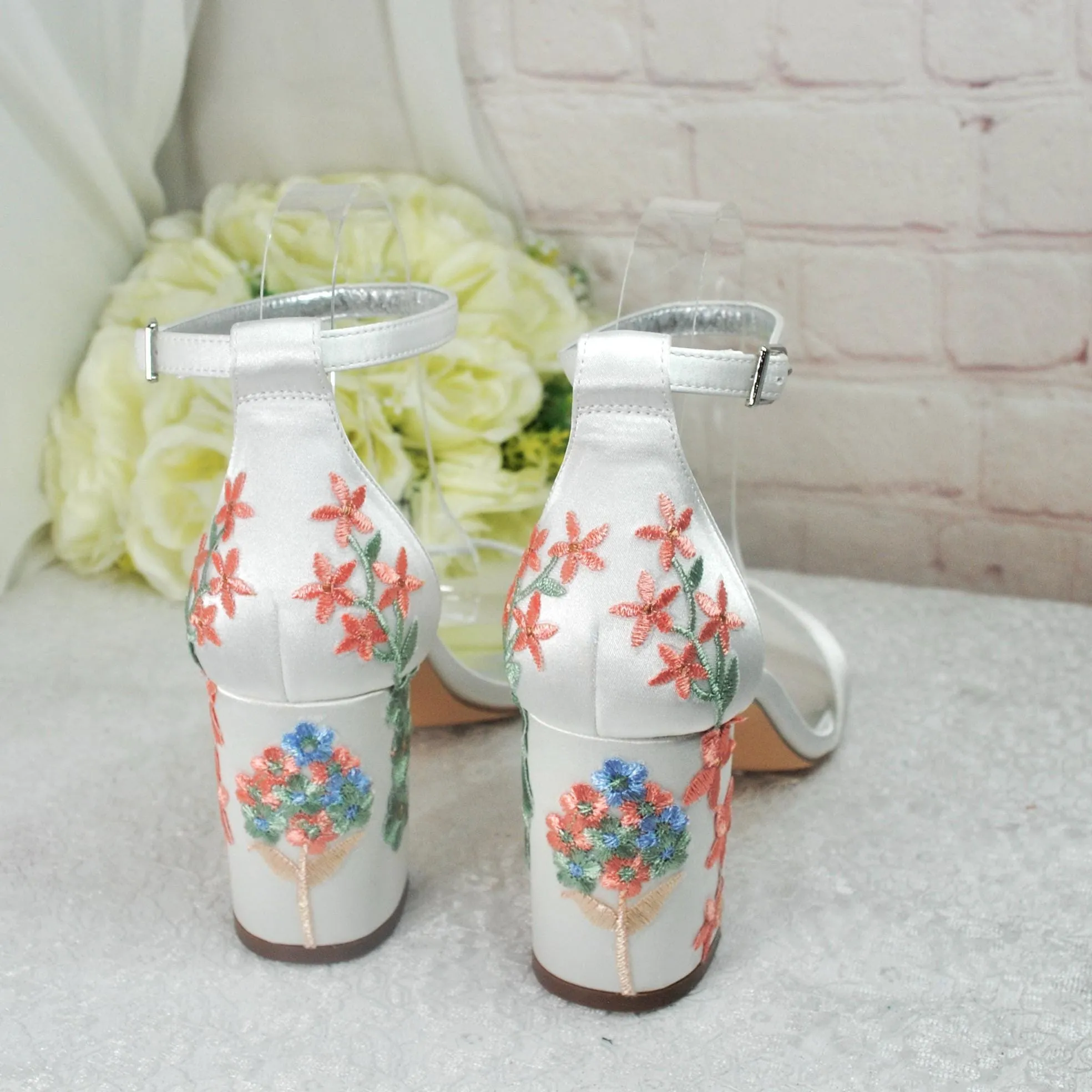 Ivory Satin Bridal Sandals with Floral Embroidery, Wedding Shoes with Ankle Strap, Bridal Shoes with Block Heel