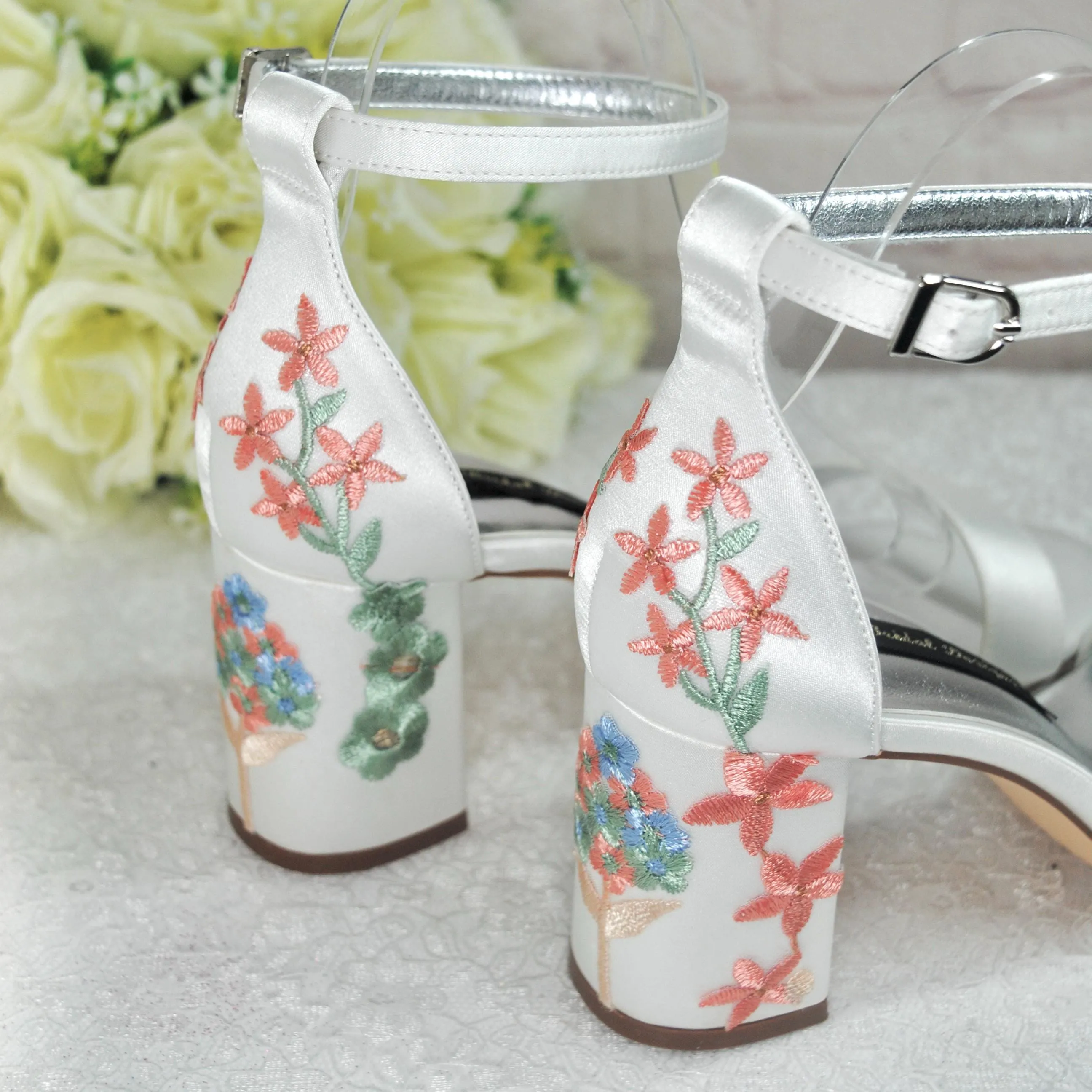 Ivory Satin Bridal Sandals with Floral Embroidery, Wedding Shoes with Ankle Strap, Bridal Shoes with Block Heel