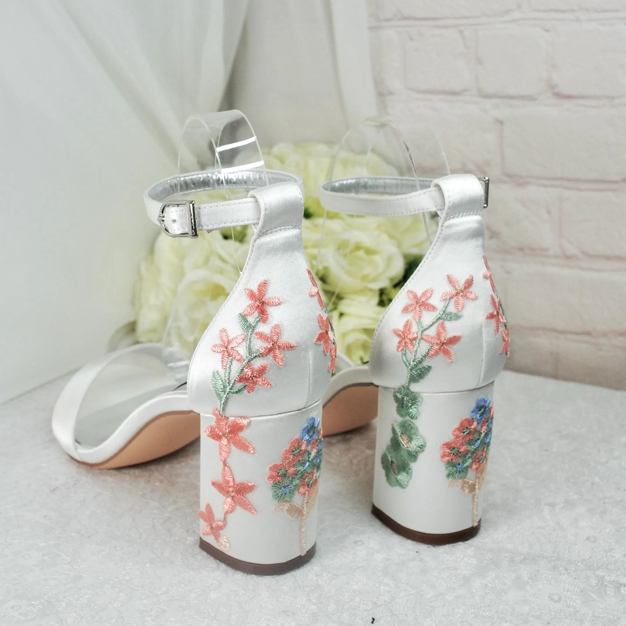 Ivory Satin Bridal Sandals with Floral Embroidery, Wedding Shoes with Ankle Strap, Bridal Shoes with Block Heel