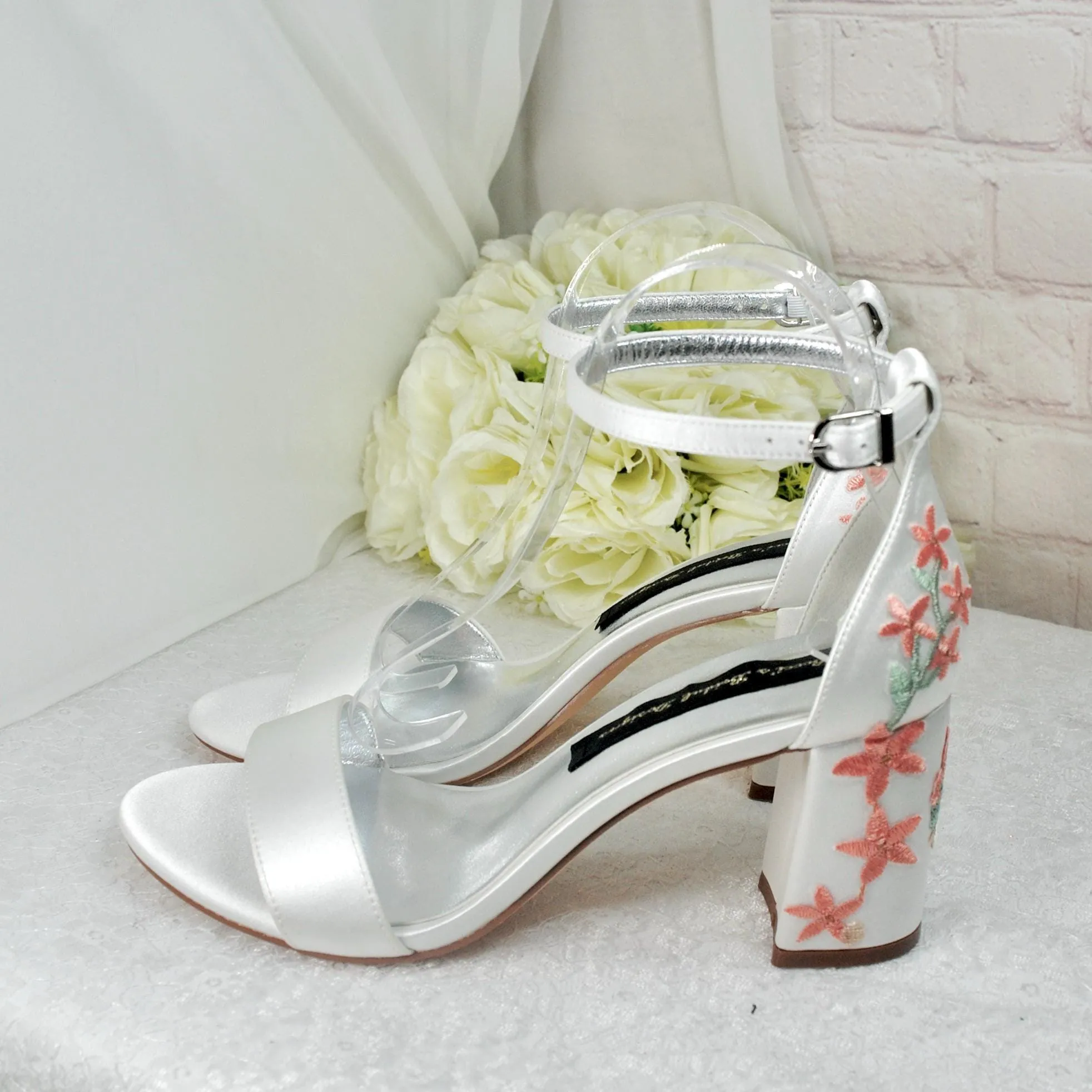 Ivory Satin Bridal Sandals with Floral Embroidery, Wedding Shoes with Ankle Strap, Bridal Shoes with Block Heel