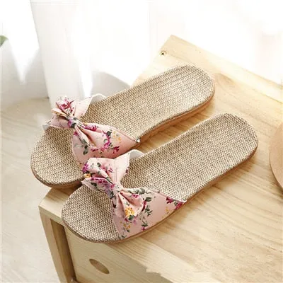 Sandals Women 2025 – Hot Female Bowknot Flax Linen Flip Flops, Beach Shoes, Sandalia Feminina