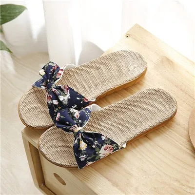 Sandals Women 2025 – Hot Female Bowknot Flax Linen Flip Flops, Beach Shoes, Sandalia Feminina