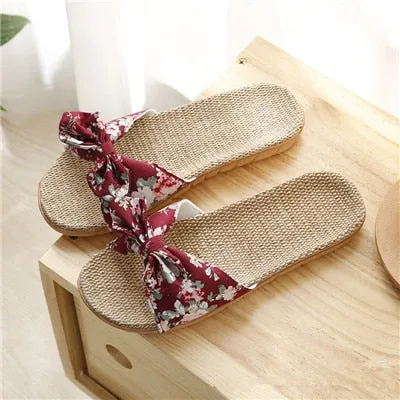 Sandals Women 2025 – Hot Female Bowknot Flax Linen Flip Flops, Beach Shoes, Sandalia Feminina