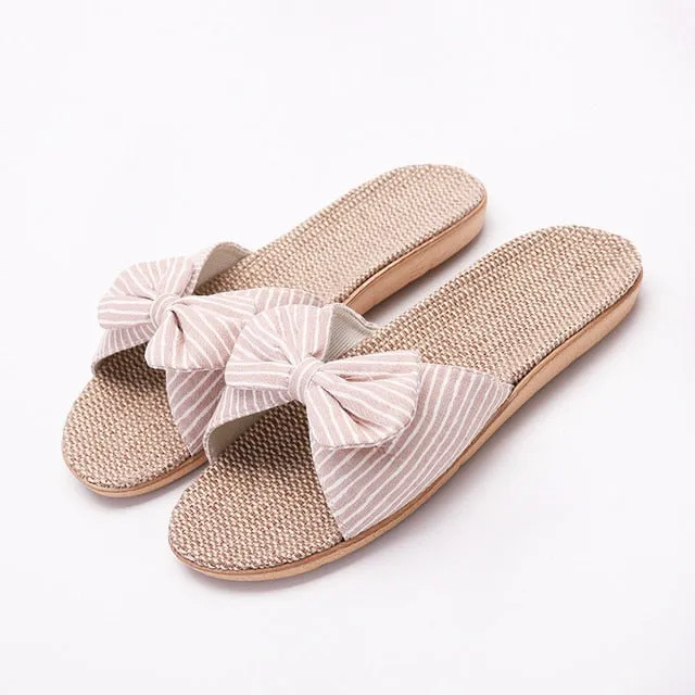 Sandals Women 2025 – Hot Female Bowknot Flax Linen Flip Flops, Beach Shoes, Sandalia Feminina