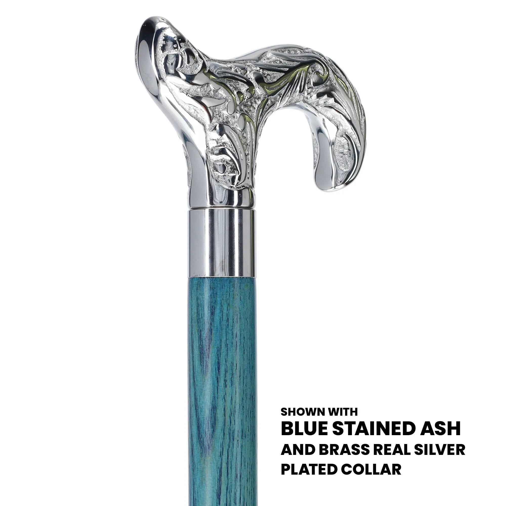 Scratch and Dent Chrome Plated Derby Handle Walking Cane w/ Blue Stained Ash Shaft & Aluminum Silver Collar V2197