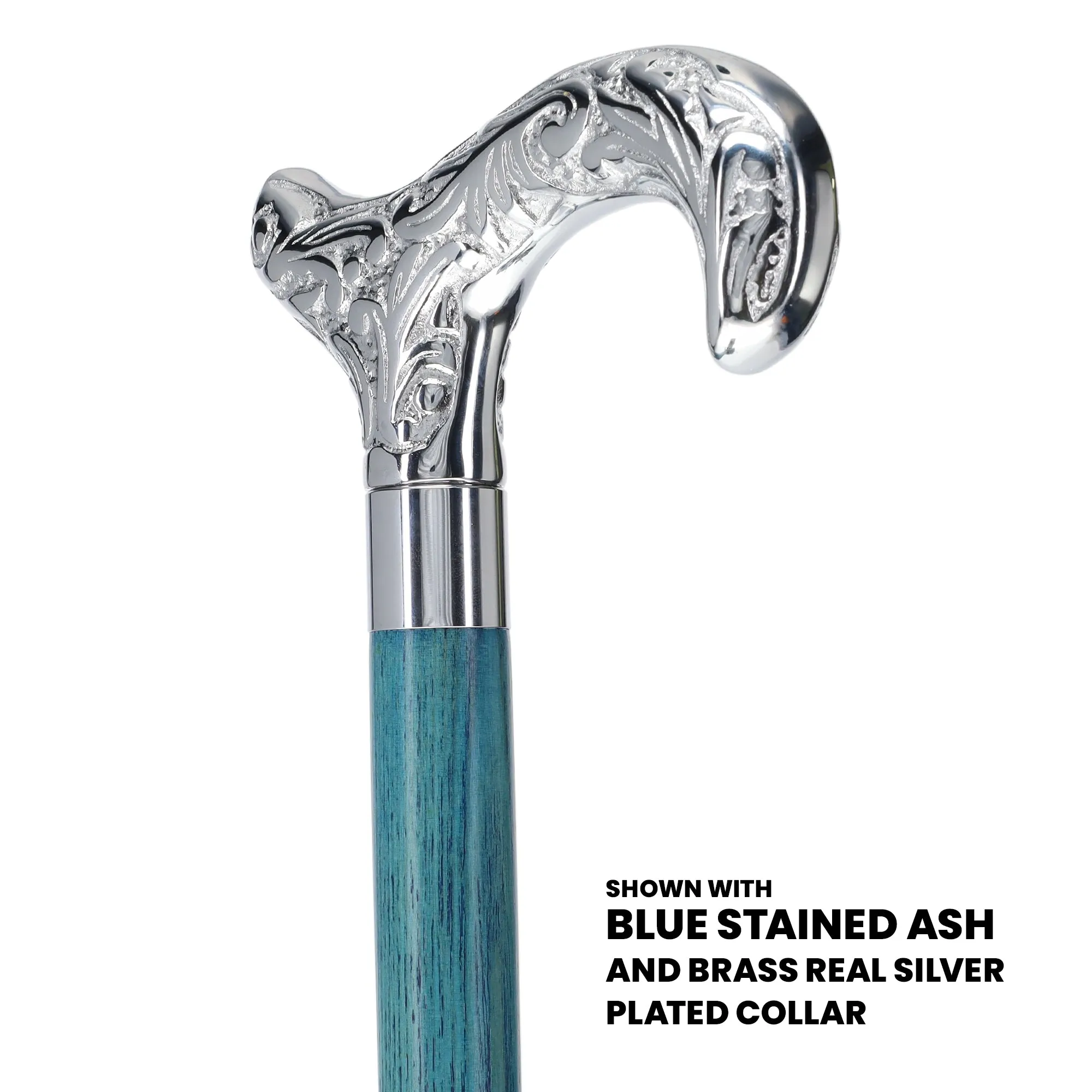 Scratch and Dent Chrome Plated Derby Handle Walking Cane w/ Blue Stained Ash Shaft & Aluminum Silver Collar V2197