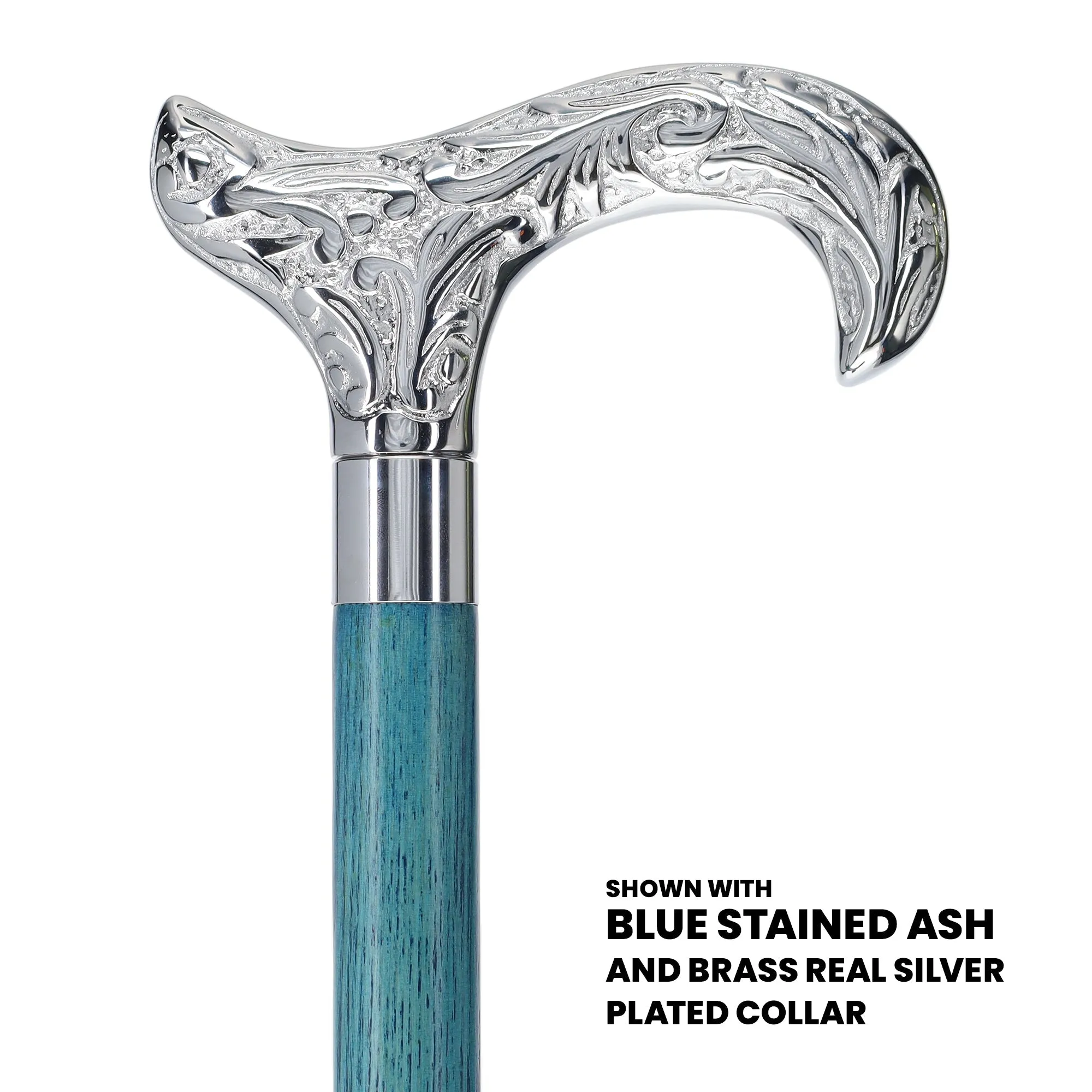 Scratch and Dent Chrome Plated Derby Handle Walking Cane w/ Blue Stained Ash Shaft & Aluminum Silver Collar V2197