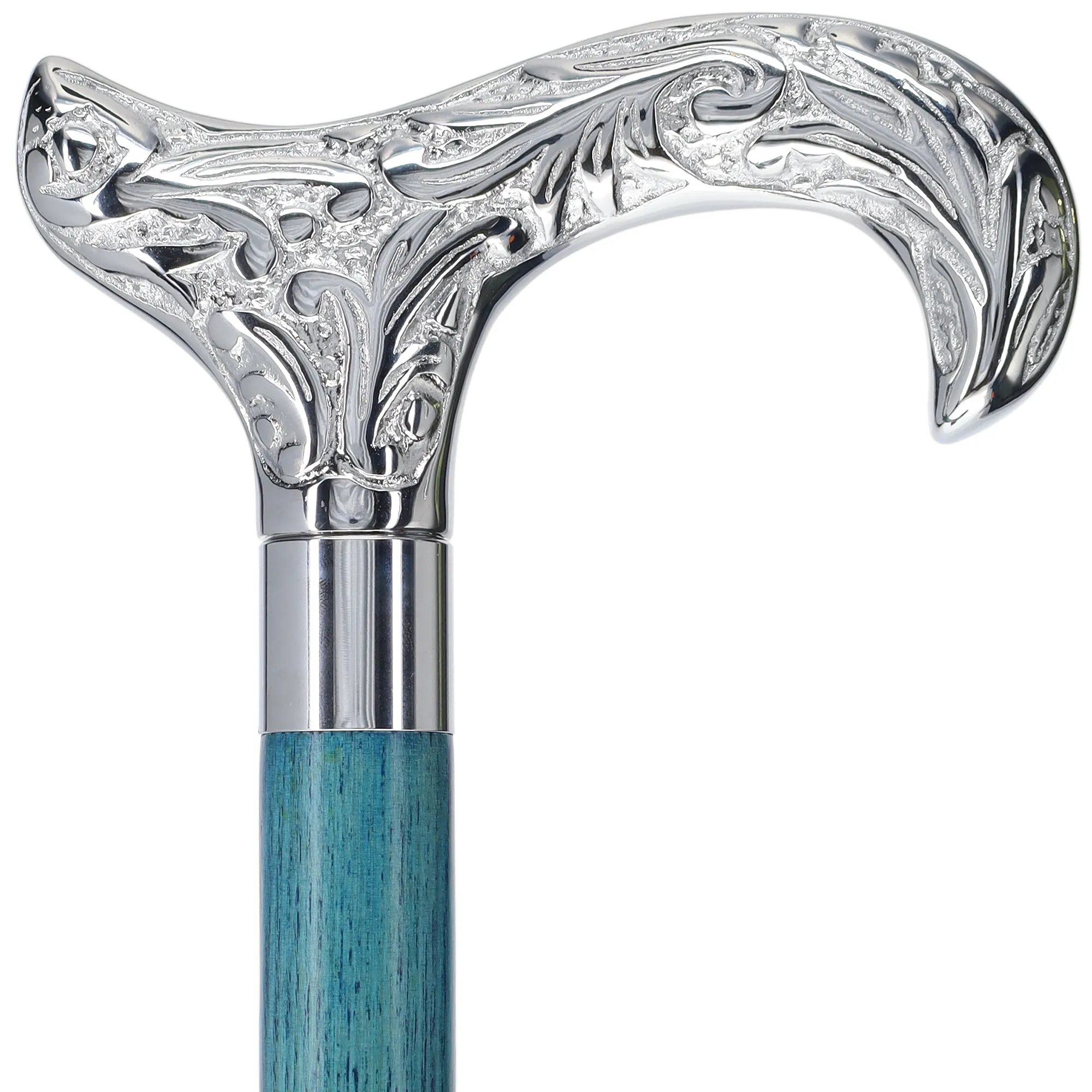 Scratch and Dent Chrome Plated Derby Handle Walking Cane w/ Blue Stained Ash Shaft & Aluminum Silver Collar V2197