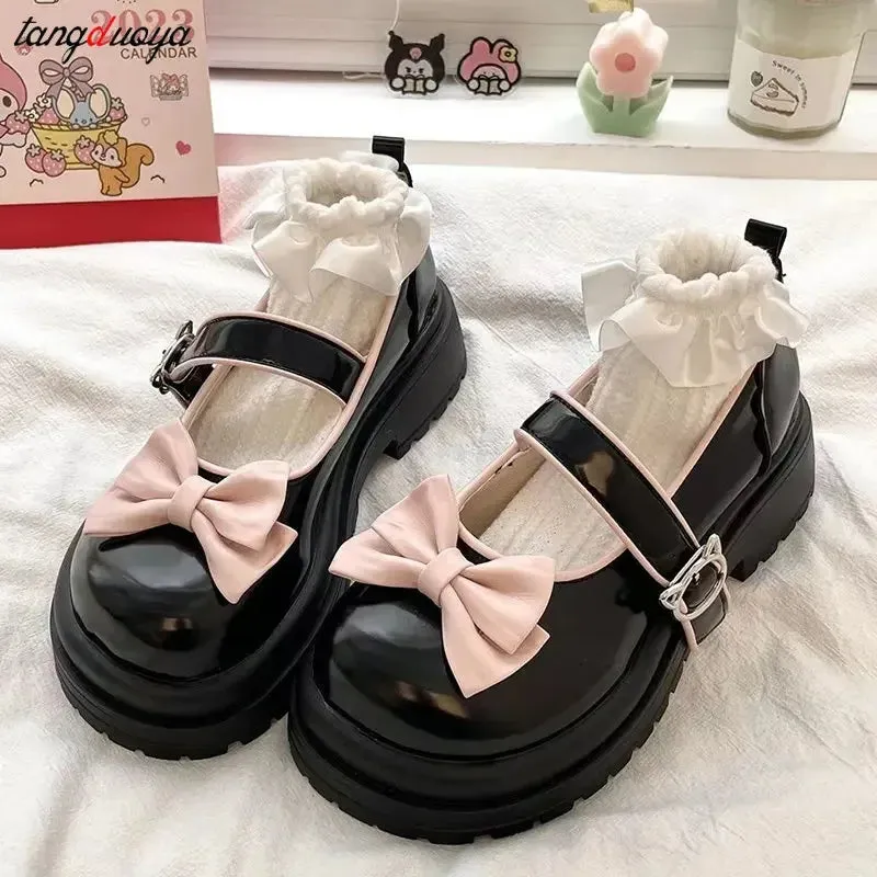 Sohiwoo Bow Lolita Shoes Women's Mary Jane Cute Platform Shoes Girl's Flat Shoes High Heels College Students Kawaii Japanese Retro Shoes