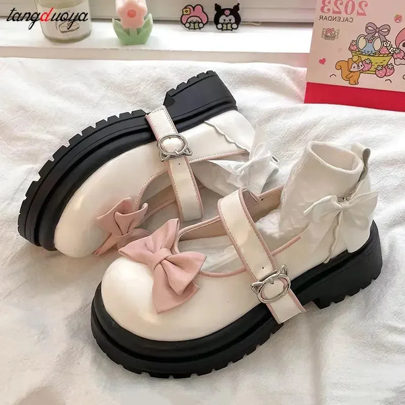 Sohiwoo Bow Lolita Shoes Women's Mary Jane Cute Platform Shoes Girl's Flat Shoes High Heels College Students Kawaii Japanese Retro Shoes