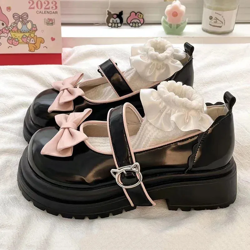 Sohiwoo Bow Lolita Shoes Women's Mary Jane Cute Platform Shoes Girl's Flat Shoes High Heels College Students Kawaii Japanese Retro Shoes