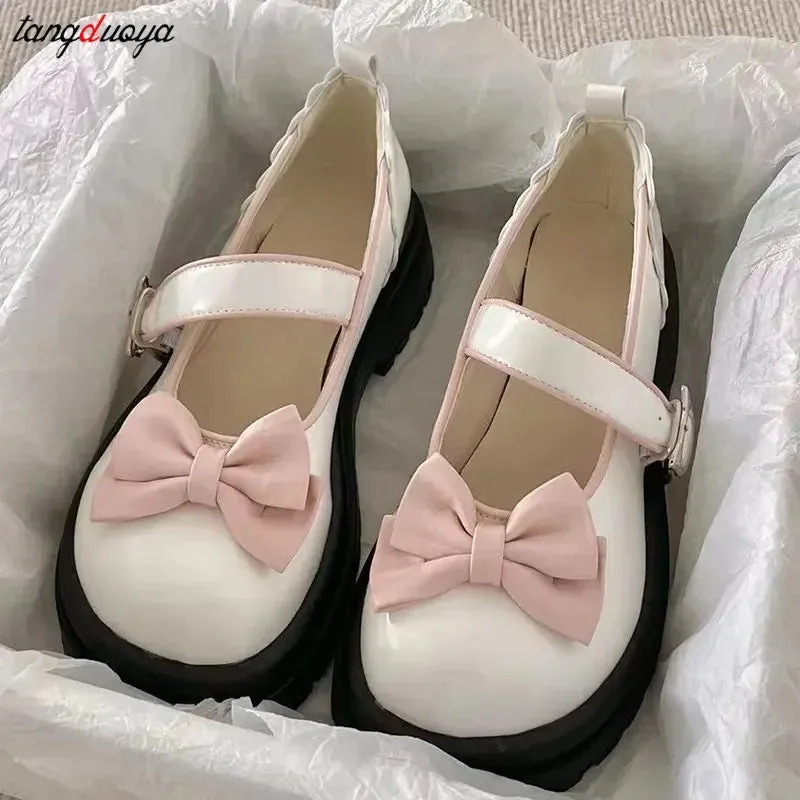 Sohiwoo Bow Lolita Shoes Women's Mary Jane Cute Platform Shoes Girl's Flat Shoes High Heels College Students Kawaii Japanese Retro Shoes