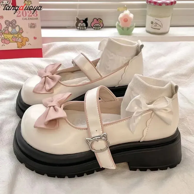 Sohiwoo Bow Lolita Shoes Women's Mary Jane Cute Platform Shoes Girl's Flat Shoes High Heels College Students Kawaii Japanese Retro Shoes