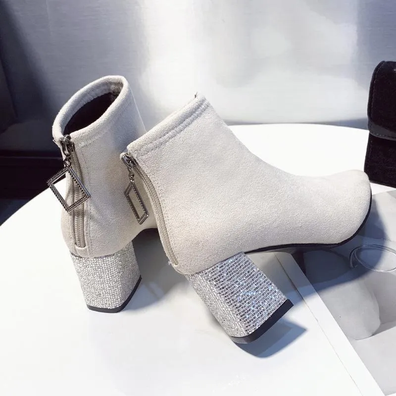 Versatile Rhinestone Chunky Heel Boots