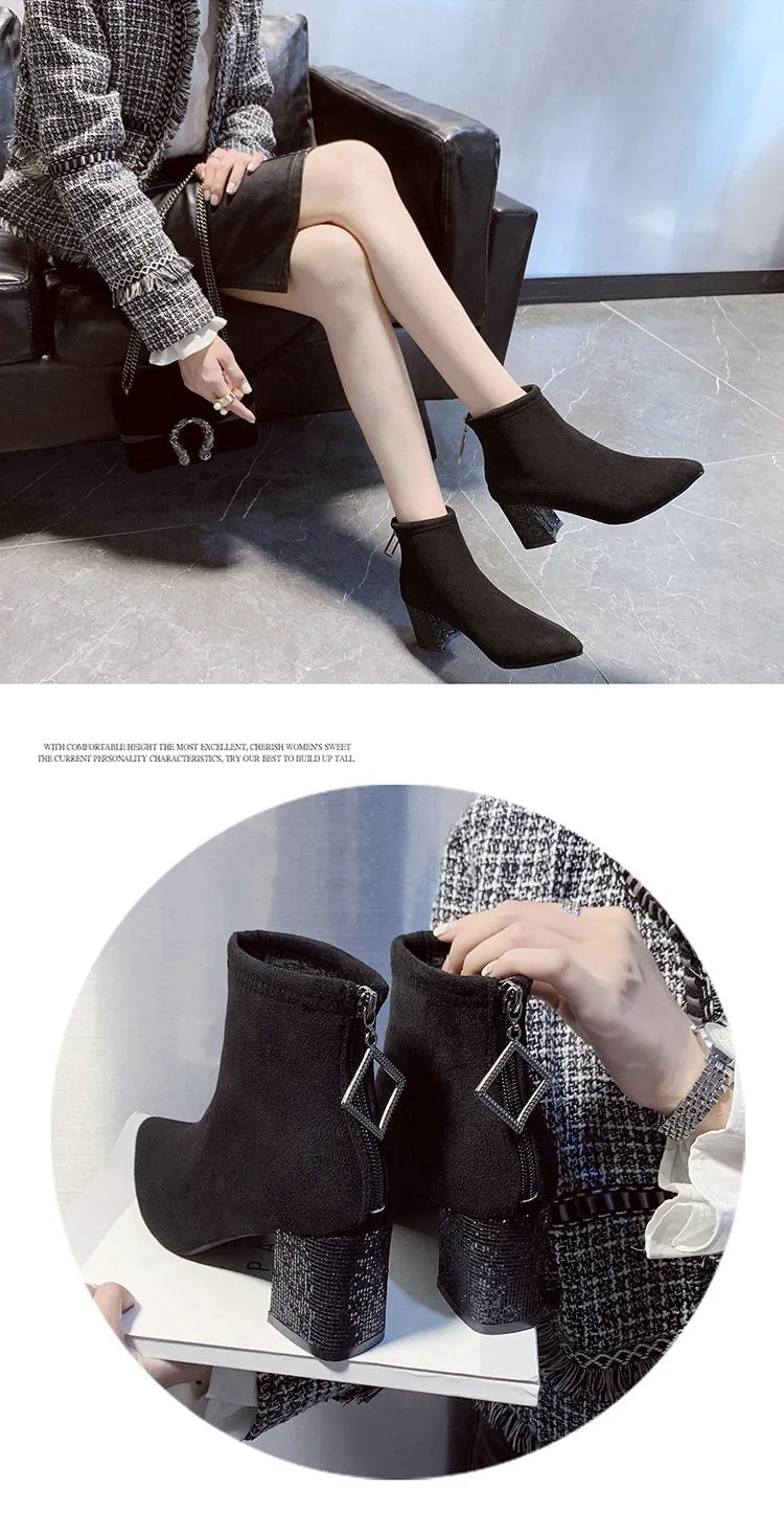 Versatile Rhinestone Chunky Heel Boots